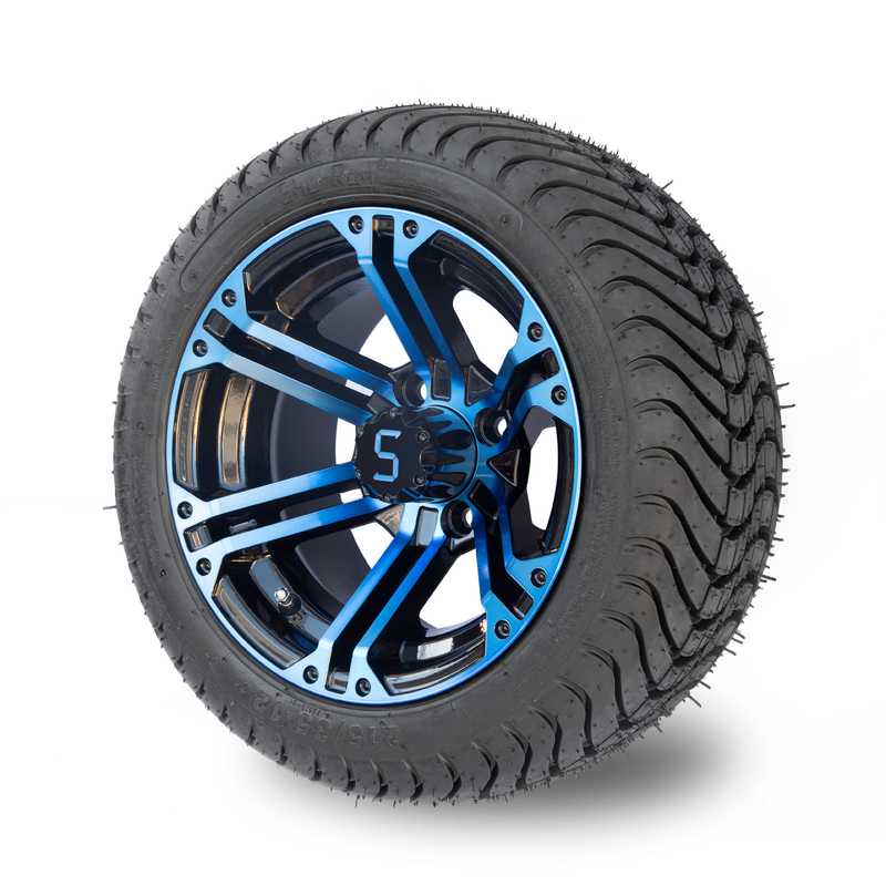 Bordas do carrinho de golfe de 12 polegadas e pneu 4 pretos lustrosos azuis combinados/101,6 PCD