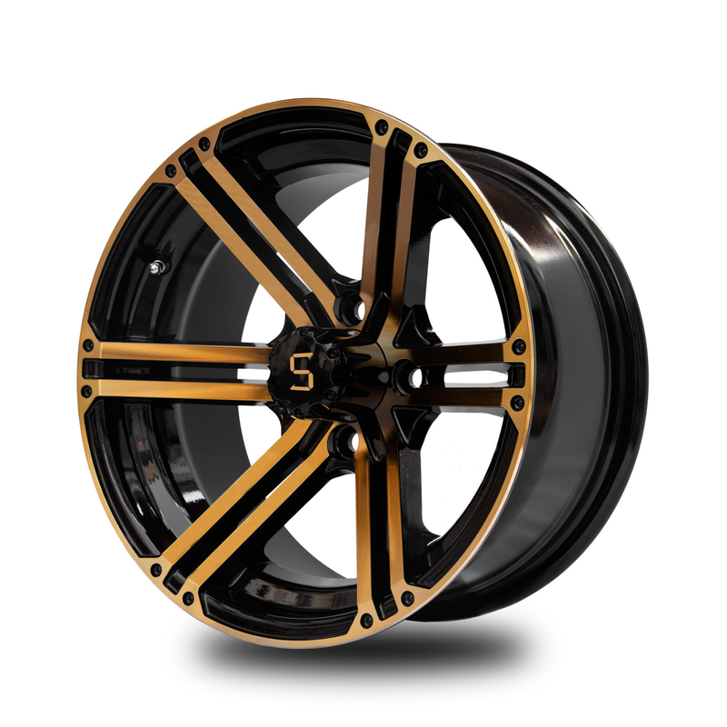 12x7 / o carrinho de golfe 14x7 roda o ouro/preto 4 do brilho/101,6 PCD -25 E