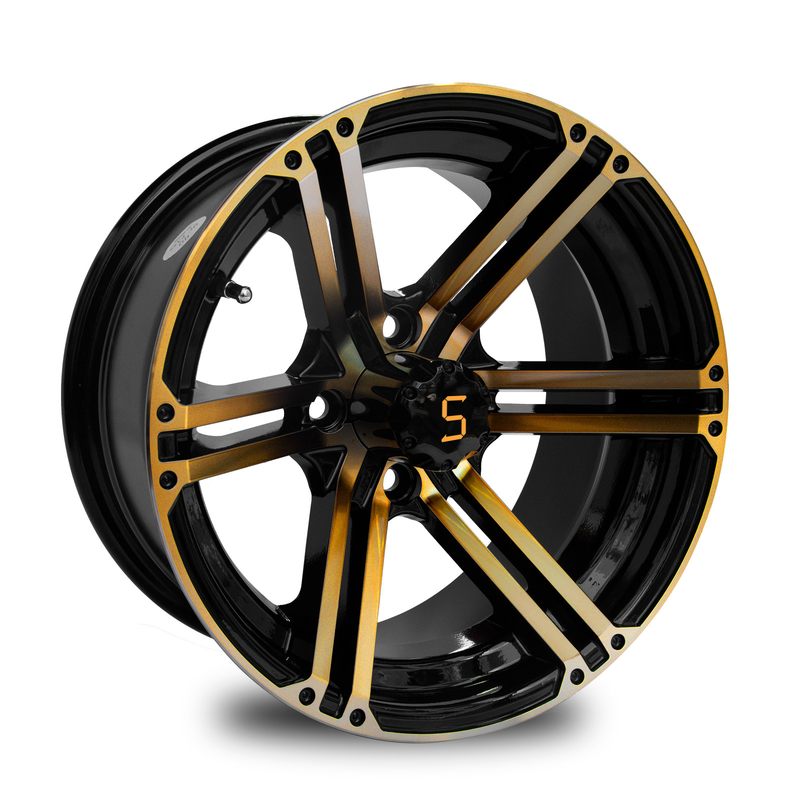 12x7 / o carrinho de golfe 14x7 roda o ouro/preto 4 do brilho/101,6 PCD -25 E