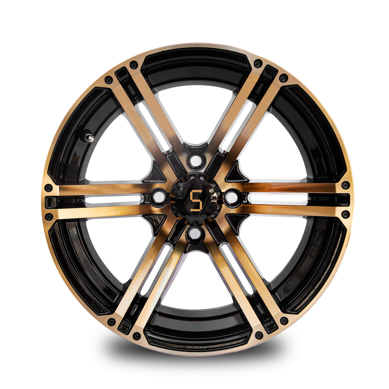 12x7 / o carrinho de golfe 14x7 roda o ouro/preto 4 do brilho/101,6 PCD -25 E