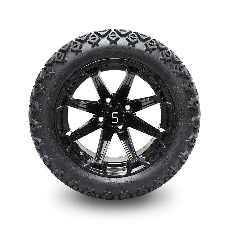 Carrinho de golfe rodas pretas lustrosas de 14 polegadas e 22x10-14 DOT Tires com as porcas do tampão e do talão do centro