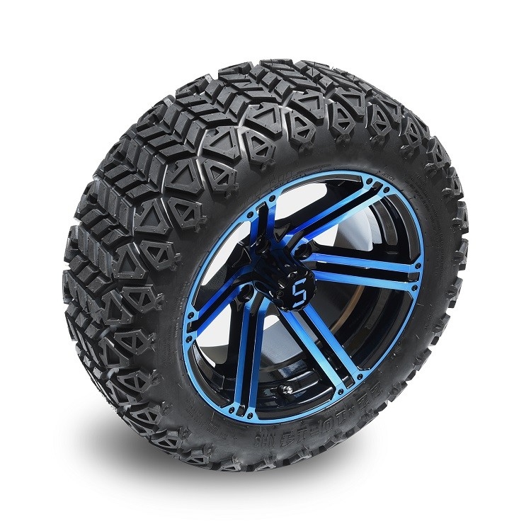 Carrinho de golfe azul de 14 polegadas/rodas pretas lustrosas e 22 polegadas - pneus fora de estrada altos 4 DOBRAS com DOT Approved