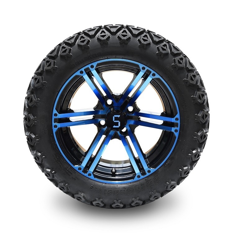Carrinho de golfe azul de 14 polegadas/rodas pretas lustrosas e 22 polegadas - pneus fora de estrada altos 4 DOBRAS com DOT Approved