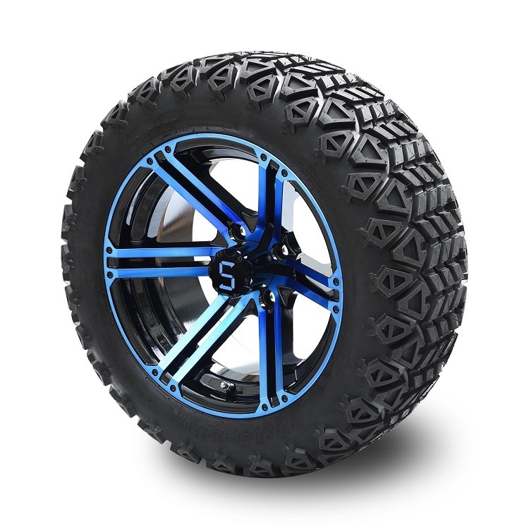 Carrinho de golfe azul de 14 polegadas/rodas pretas lustrosas e 22 polegadas - pneus fora de estrada altos 4 DOBRAS com DOT Approved